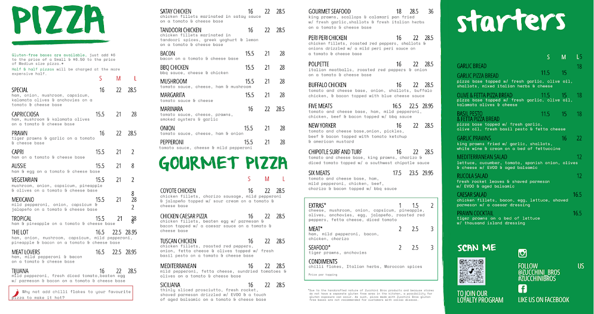 Menu, Zucchini Bros Pizzeria & Pasta Bar - Greenway