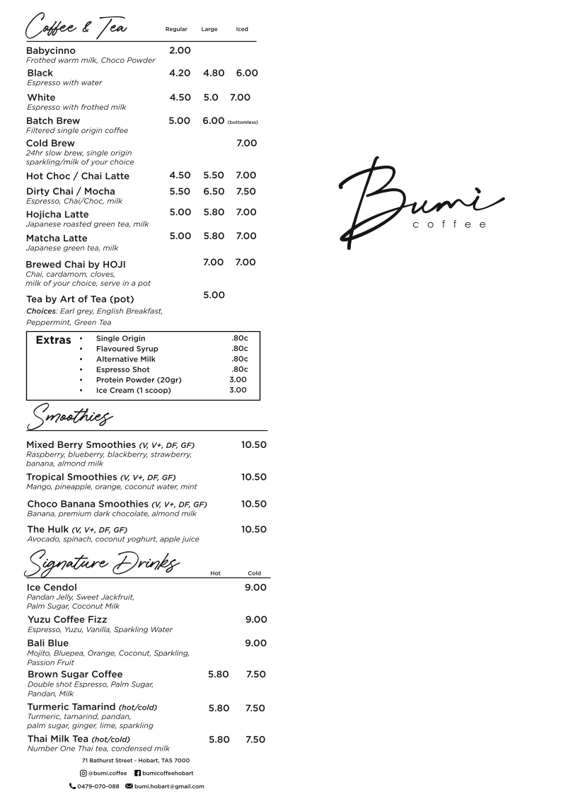 Menu, Bumi Coffee