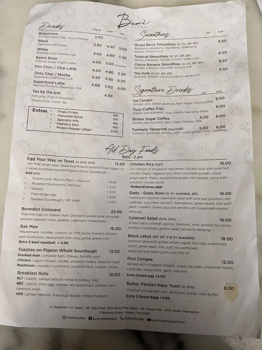 Menu, Bumi Coffee