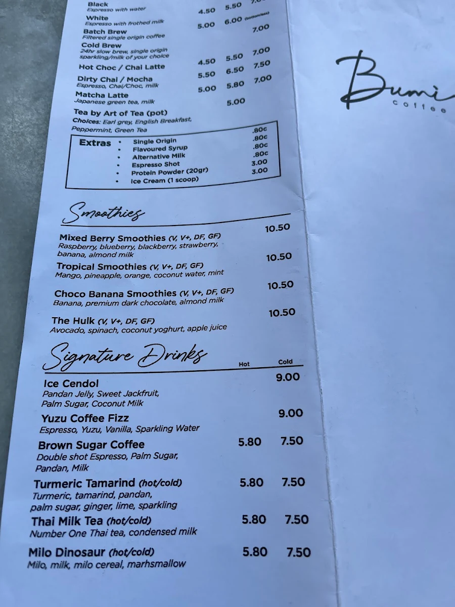 Menu, Bumi Coffee