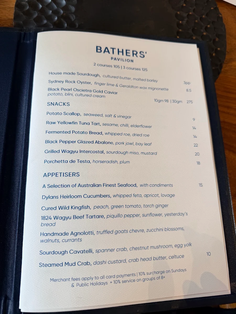 Menu, Bathers' Pavilion