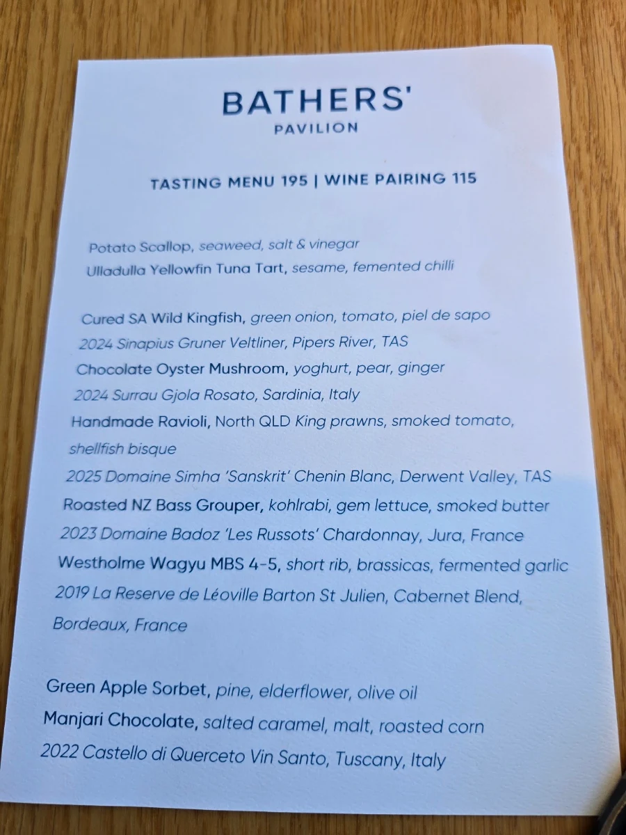 Menu, Bathers' Pavilion