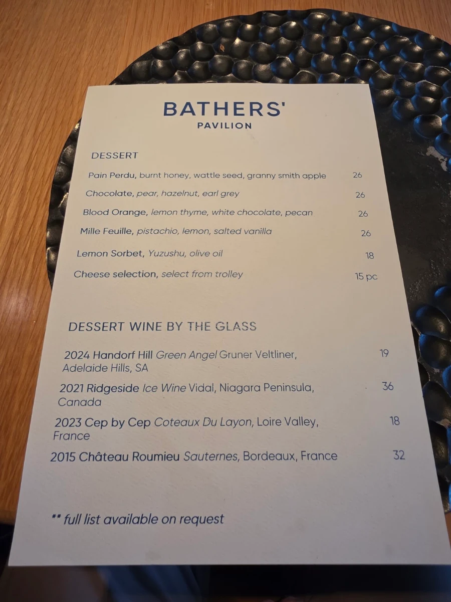Menu, Bathers' Pavilion