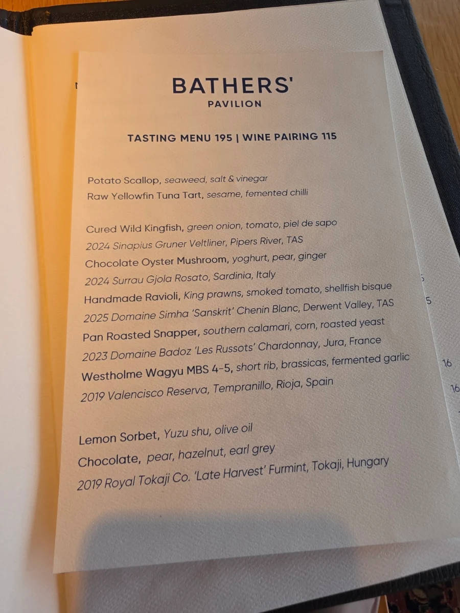 Menu, Bathers' Pavilion