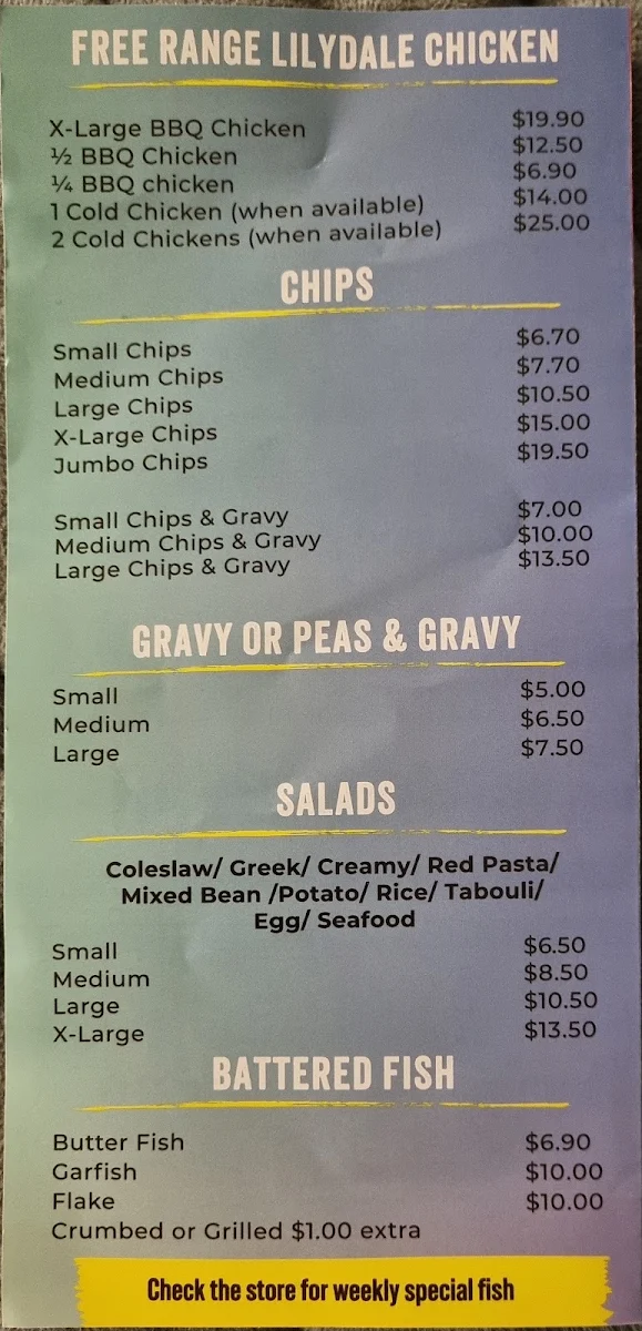 Menu, Hope Valley Chicken & Seafood