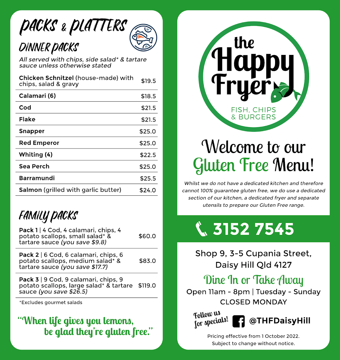 Menu, The Happy Fryer