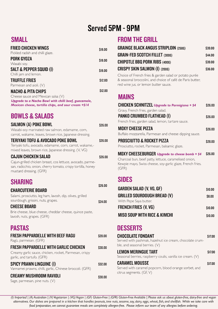 Menu, MOXY Kitchen & Bar Moxy
