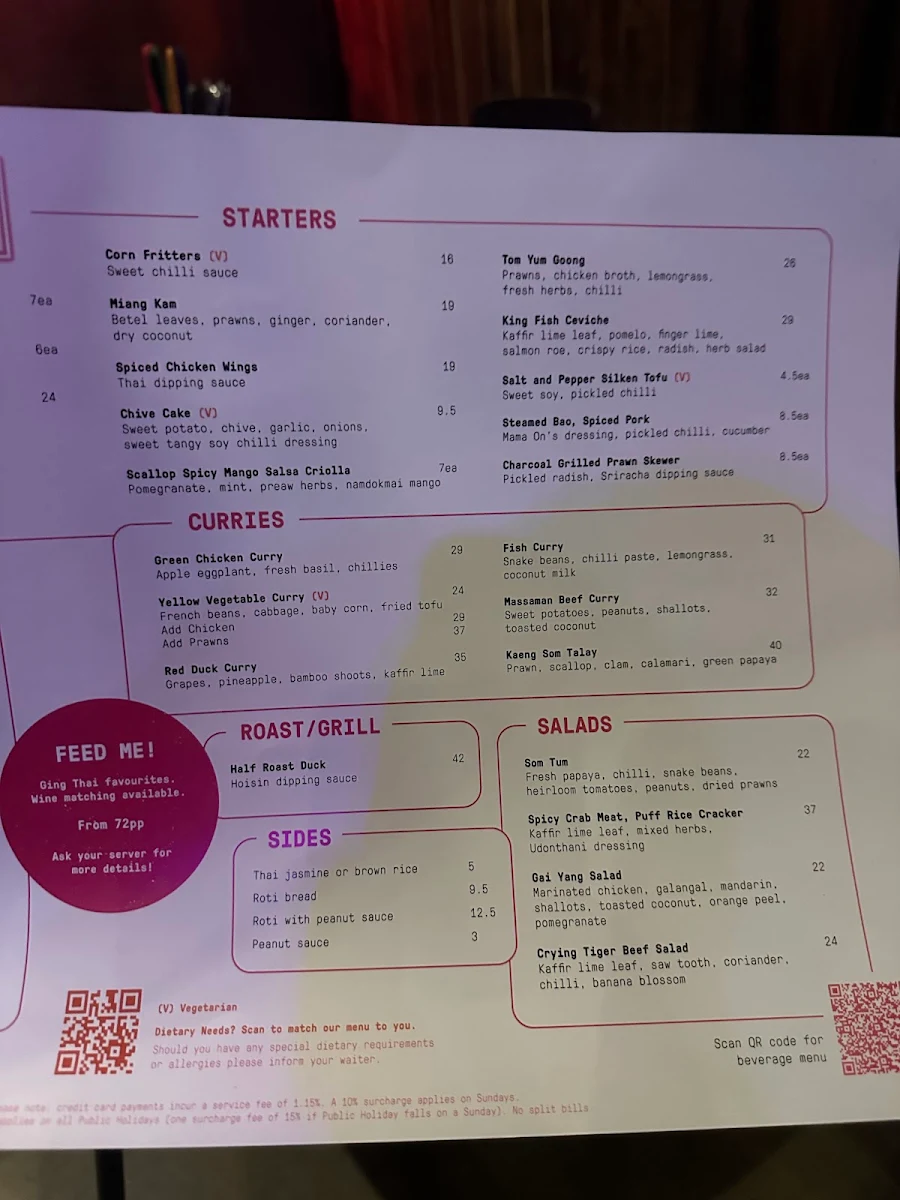 Menu, Ging Thai