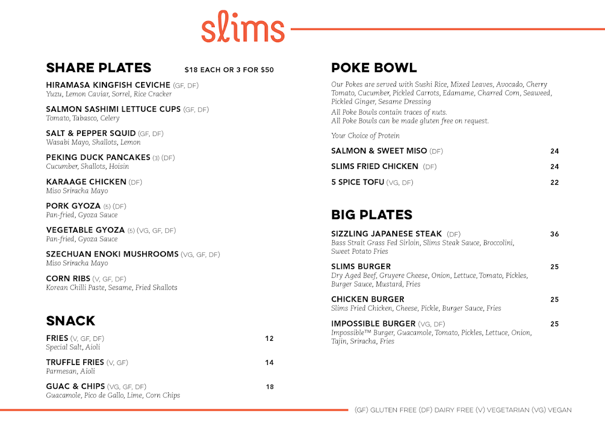 Menu, Slims Rooftop