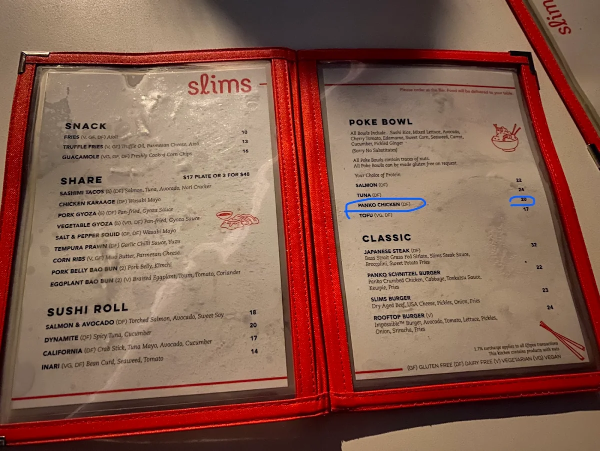 Menu, Slims Rooftop