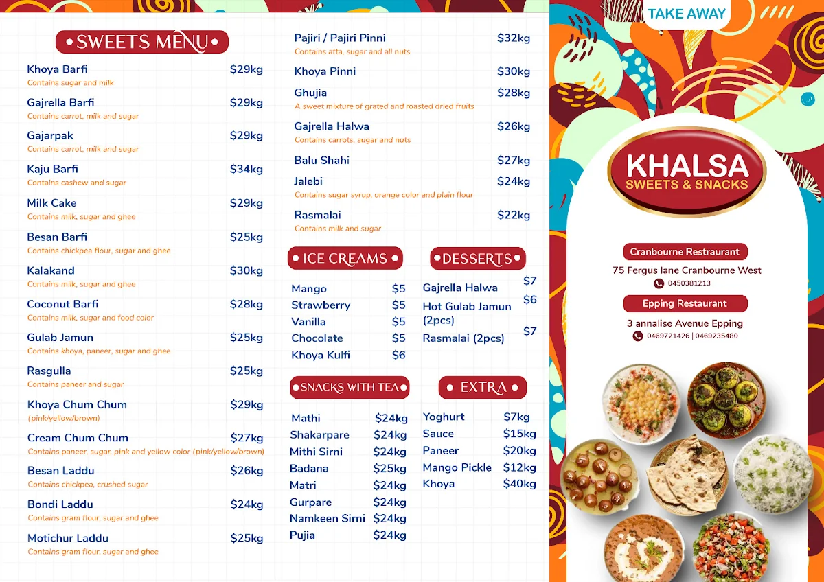 Menu, Khalsa Sweets And Snacks