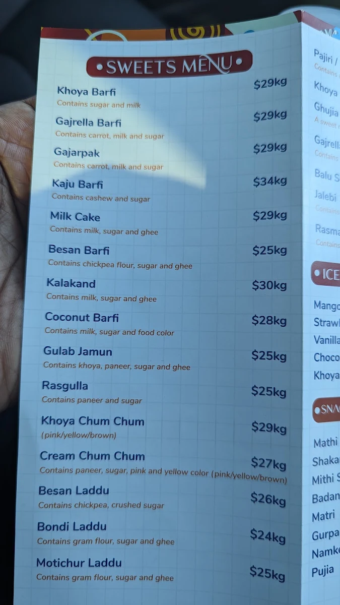 Menu, Khalsa Sweets And Snacks
