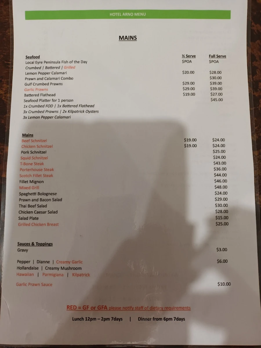 Menu, Hotel Arno