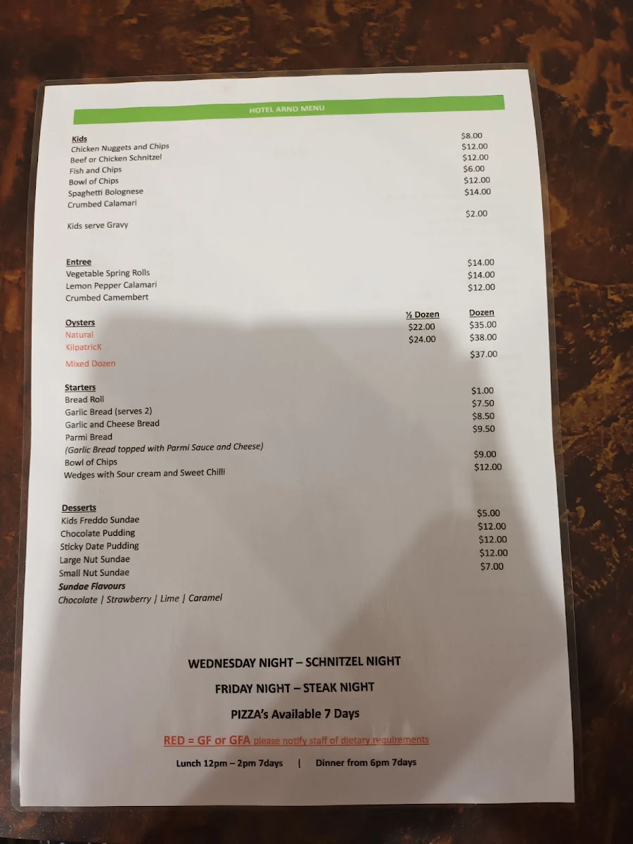 Menu, Hotel Arno