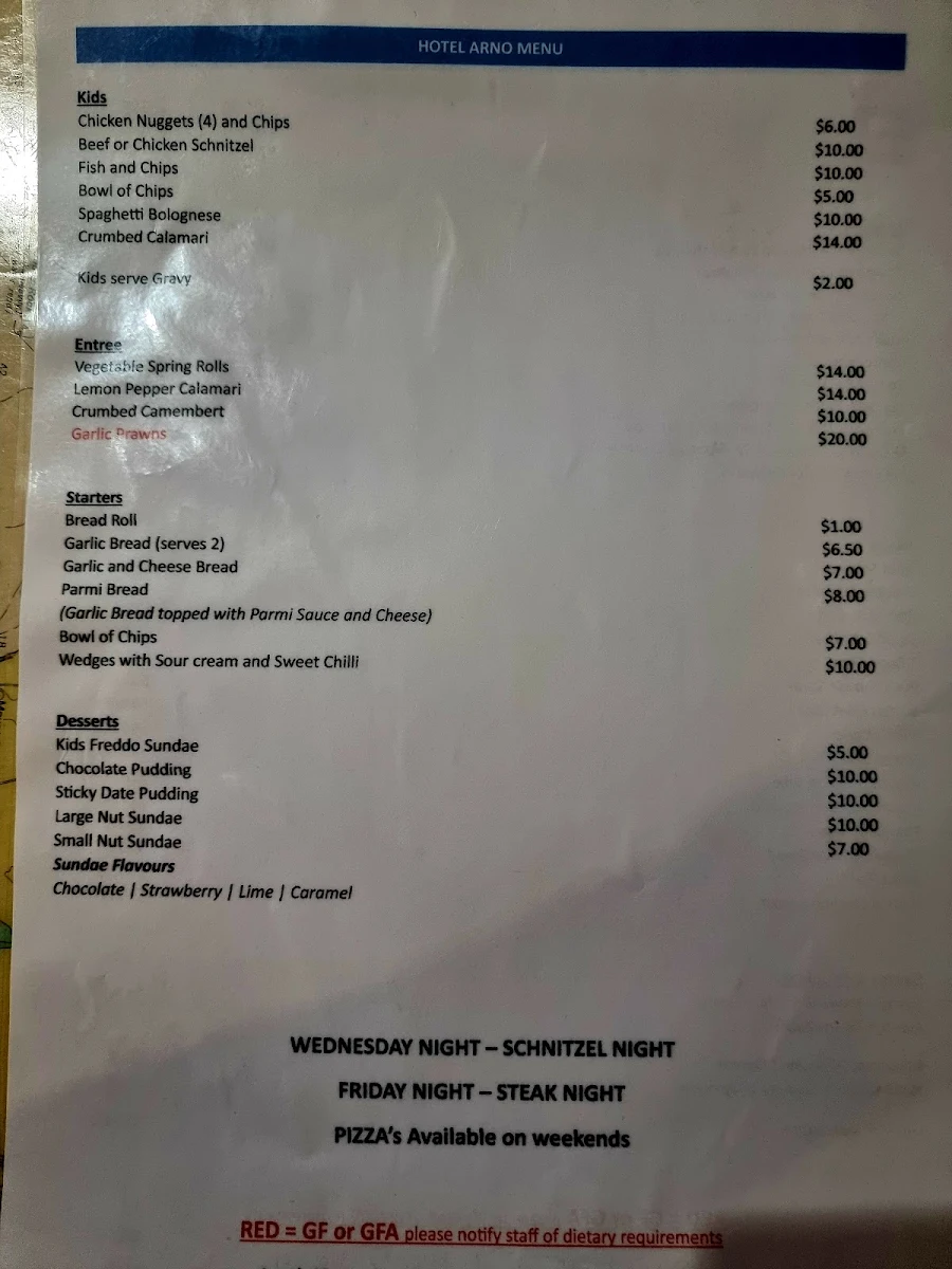 Menu, Hotel Arno