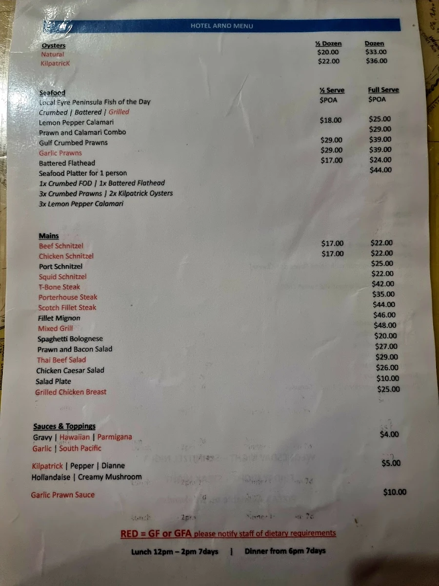 Menu, Hotel Arno