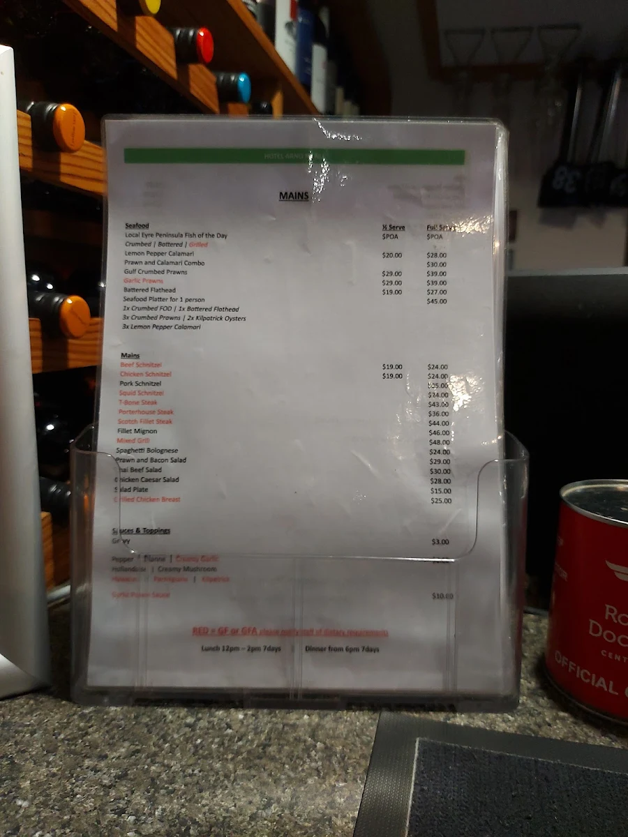 Menu, Hotel Arno