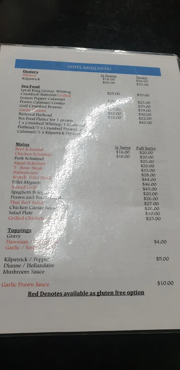 Menu, Hotel Arno