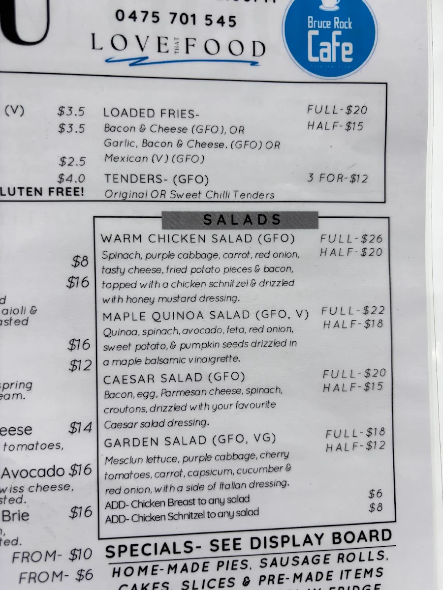 Menu, Bruce Rock Cafe- Love that food