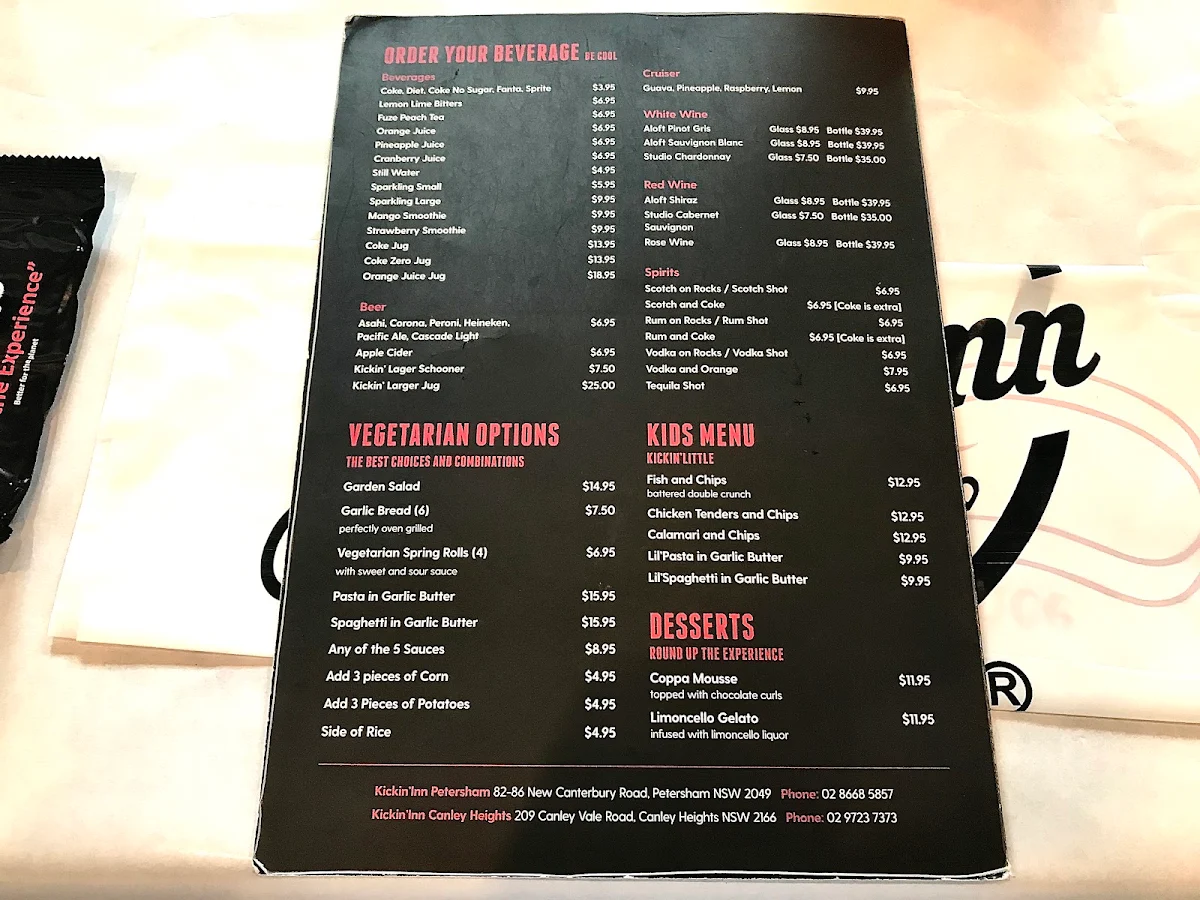 Menu, Kickin'Inn, Canley Heights