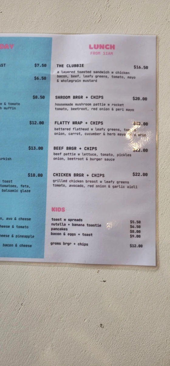 Menu, Spilt Milk Cafe