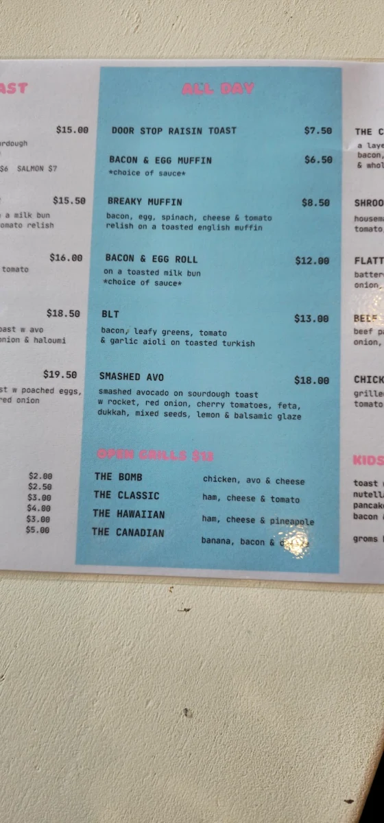 Menu, Spilt Milk Cafe