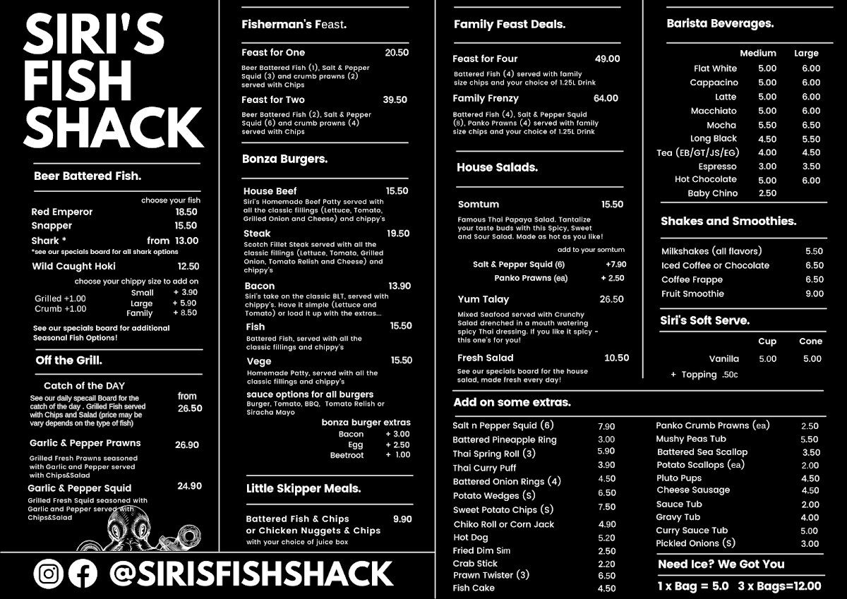 Menu, Siri’s Fish Shack