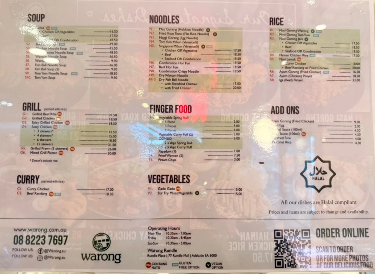 Menu, Warong