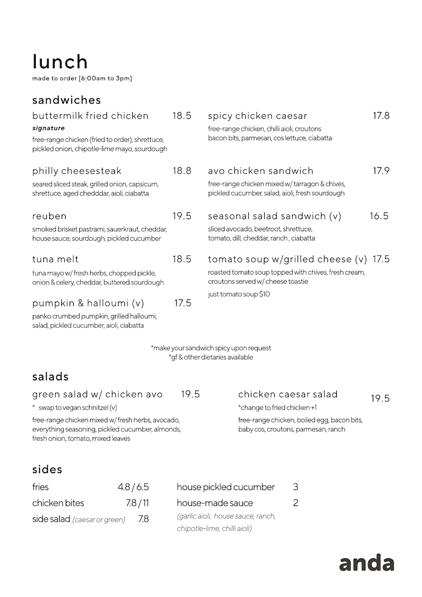 Menu, Anda cafe