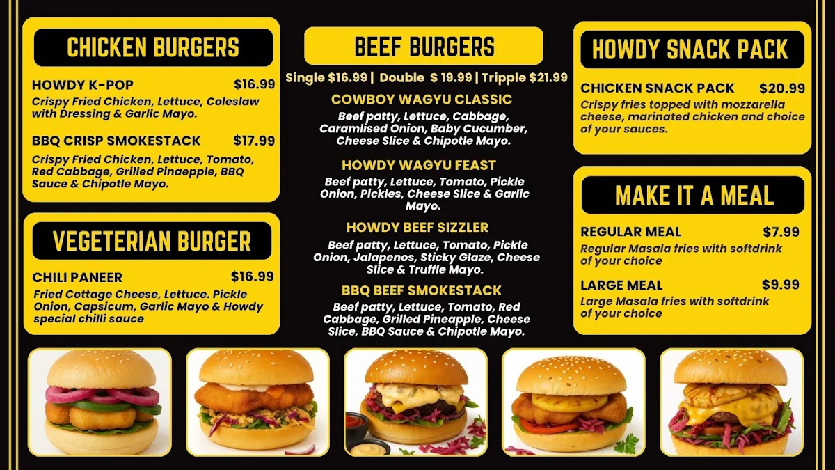 Menu, Howdy Burgers & Shawarma