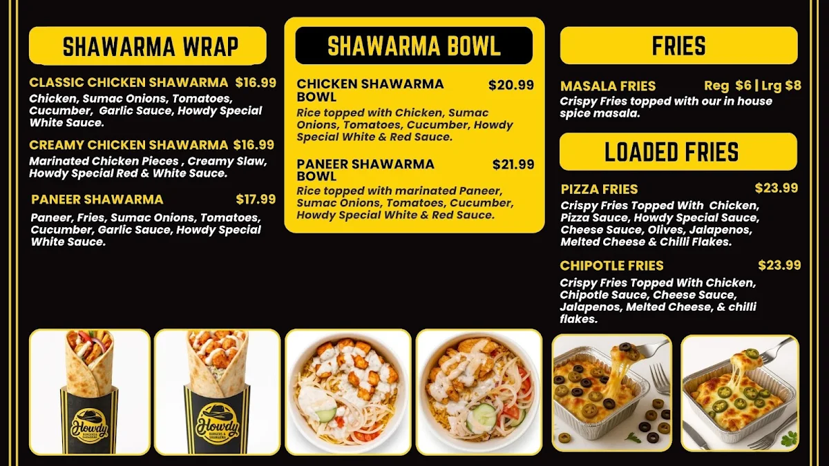 Menu, Howdy Burgers & Shawarma