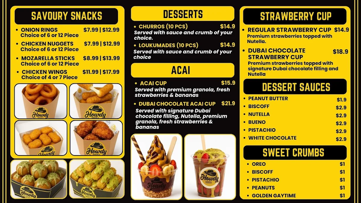 Menu, Howdy Burgers & Shawarma