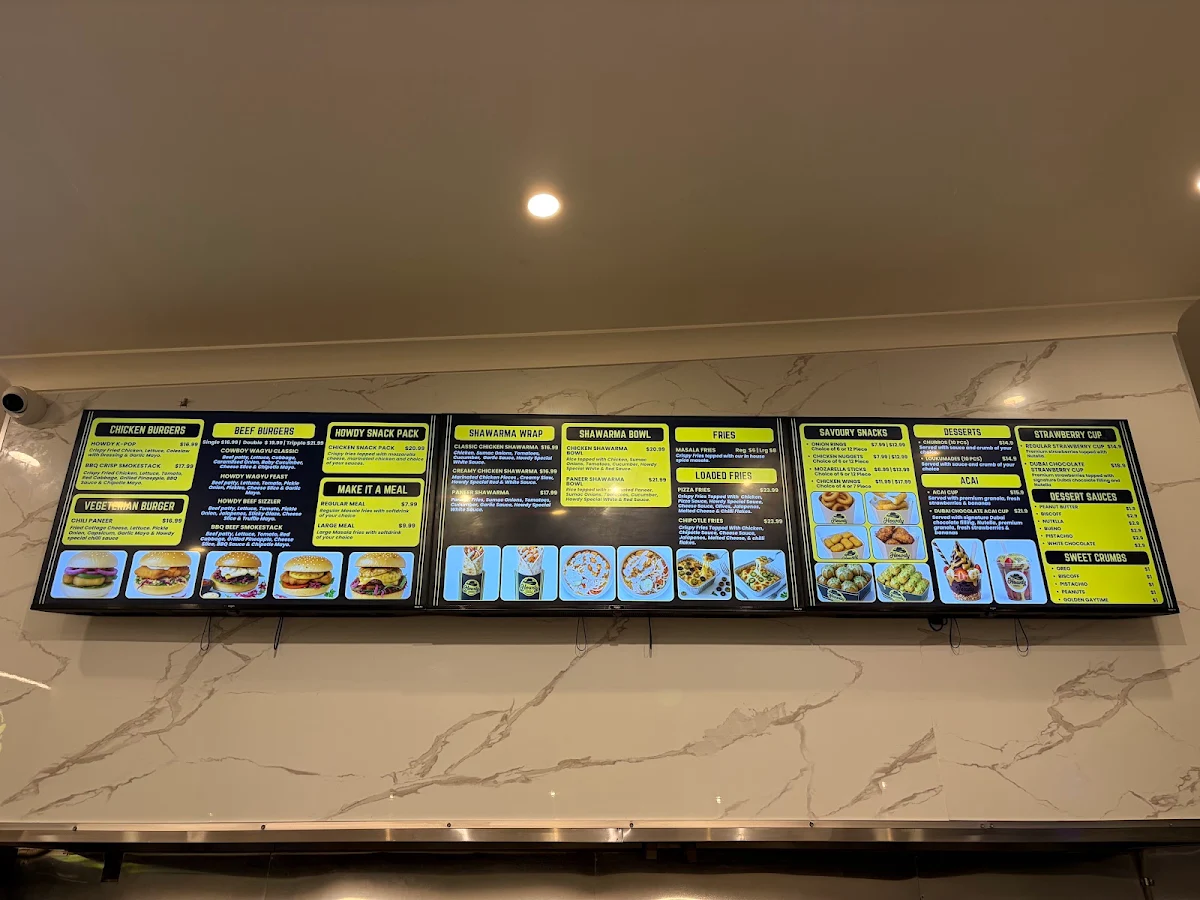 Menu, Howdy Burgers & Shawarma