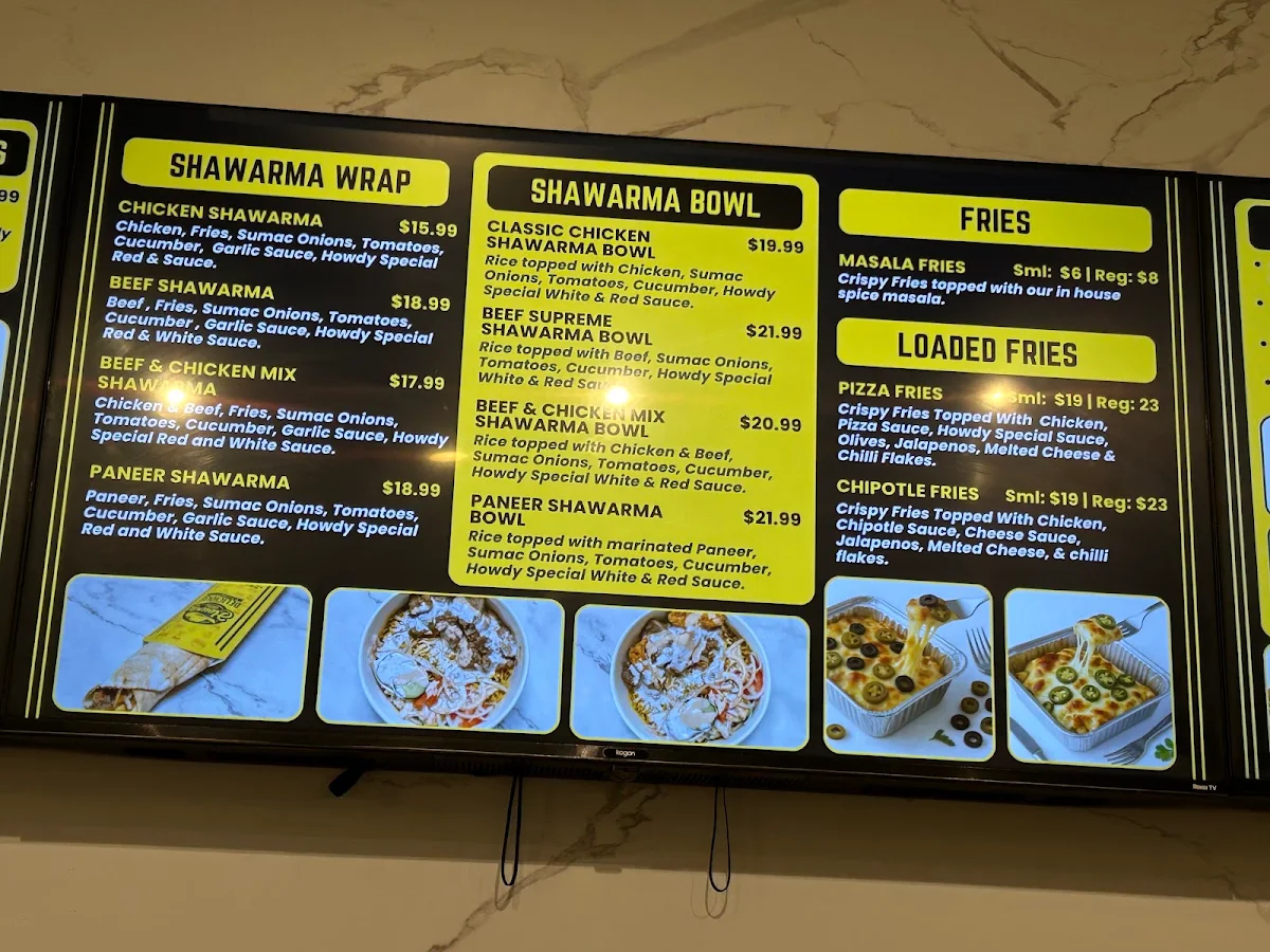 Menu, Howdy Burgers & Shawarma