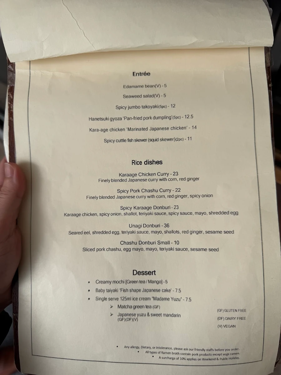 Menu, Manpuku Chatswood