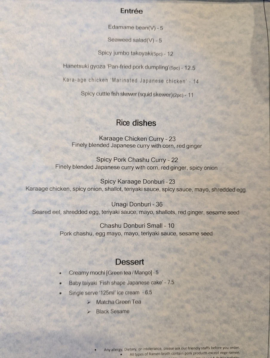 Menu, Manpuku Chatswood