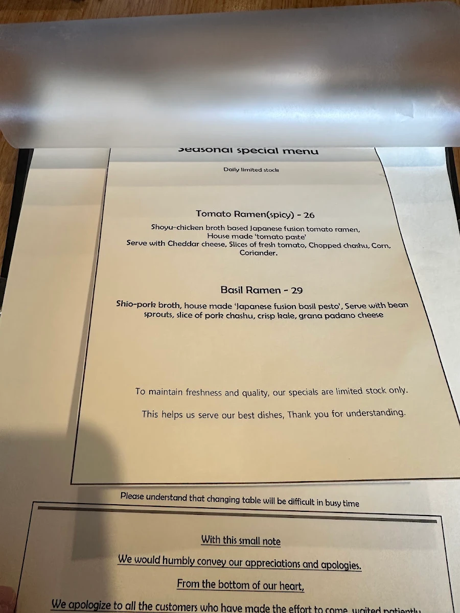 Menu, Manpuku Chatswood