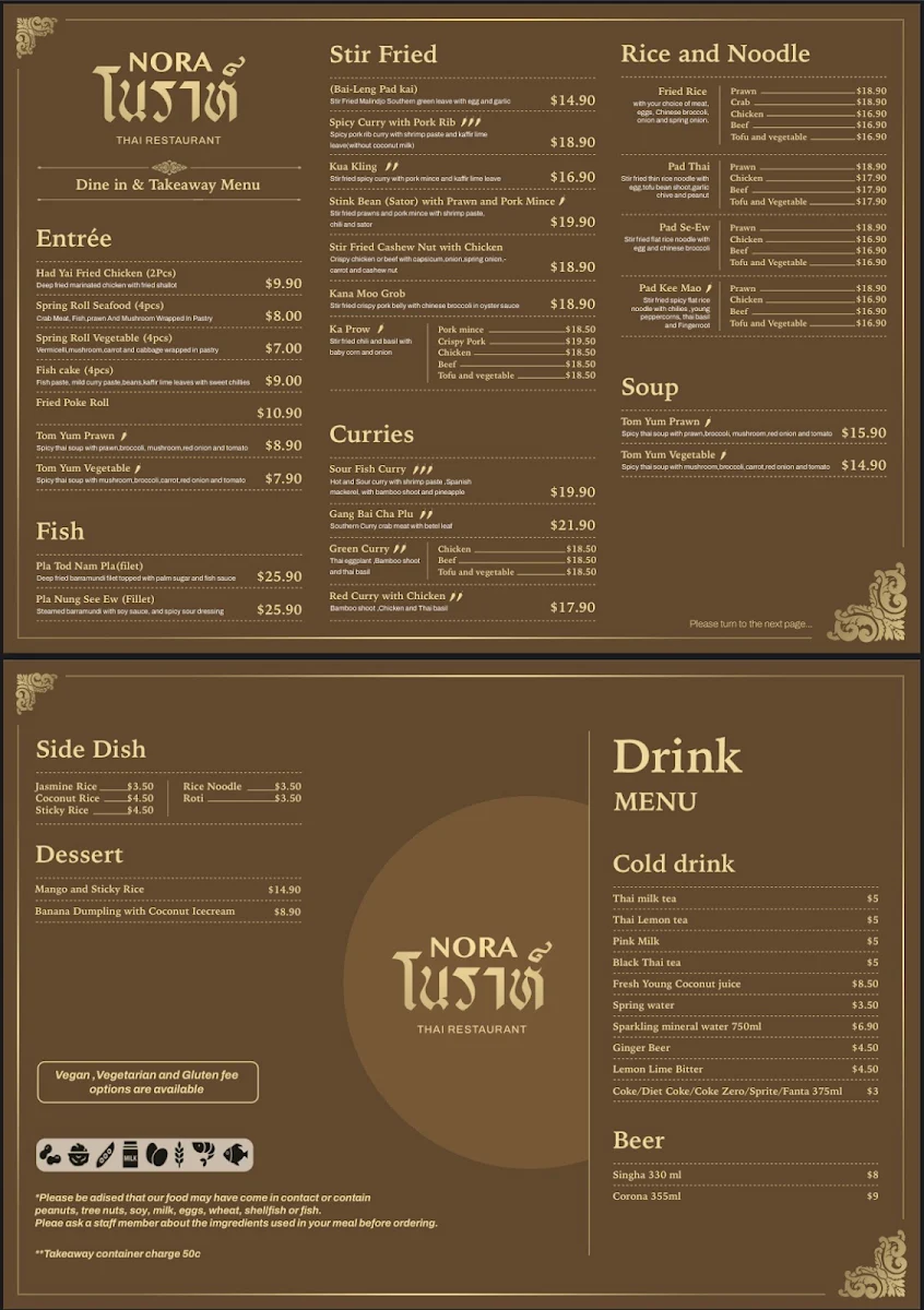 Menu, Nora Thai Restaurant South Yarra