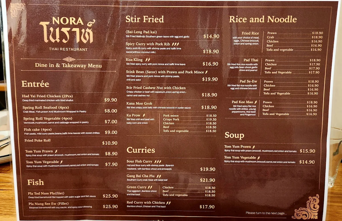 Menu, Nora Thai Restaurant South Yarra