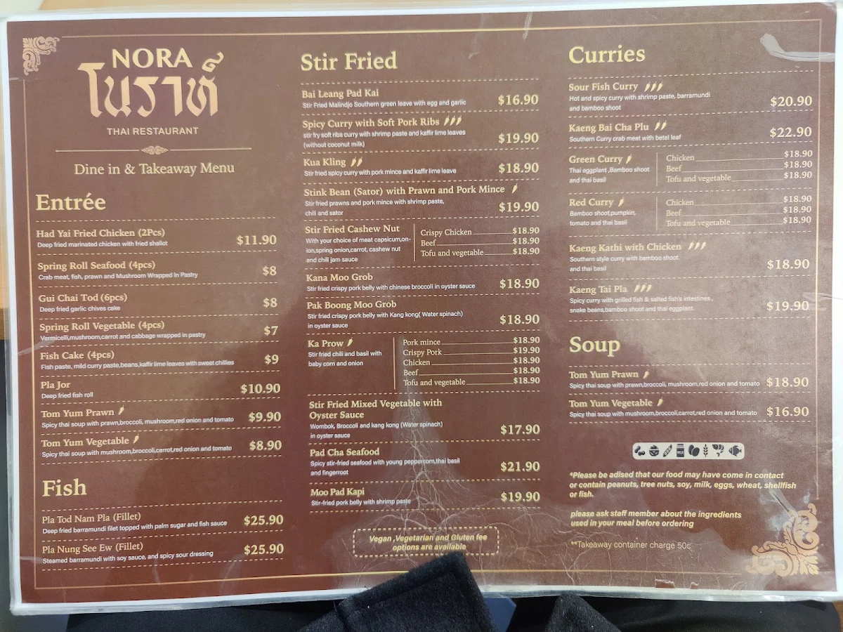 Menu, Nora Thai Restaurant South Yarra