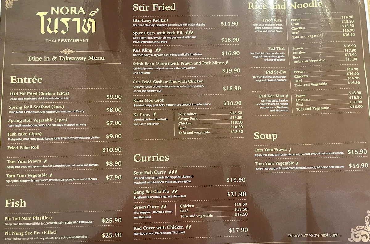 Menu, Nora Thai Restaurant South Yarra