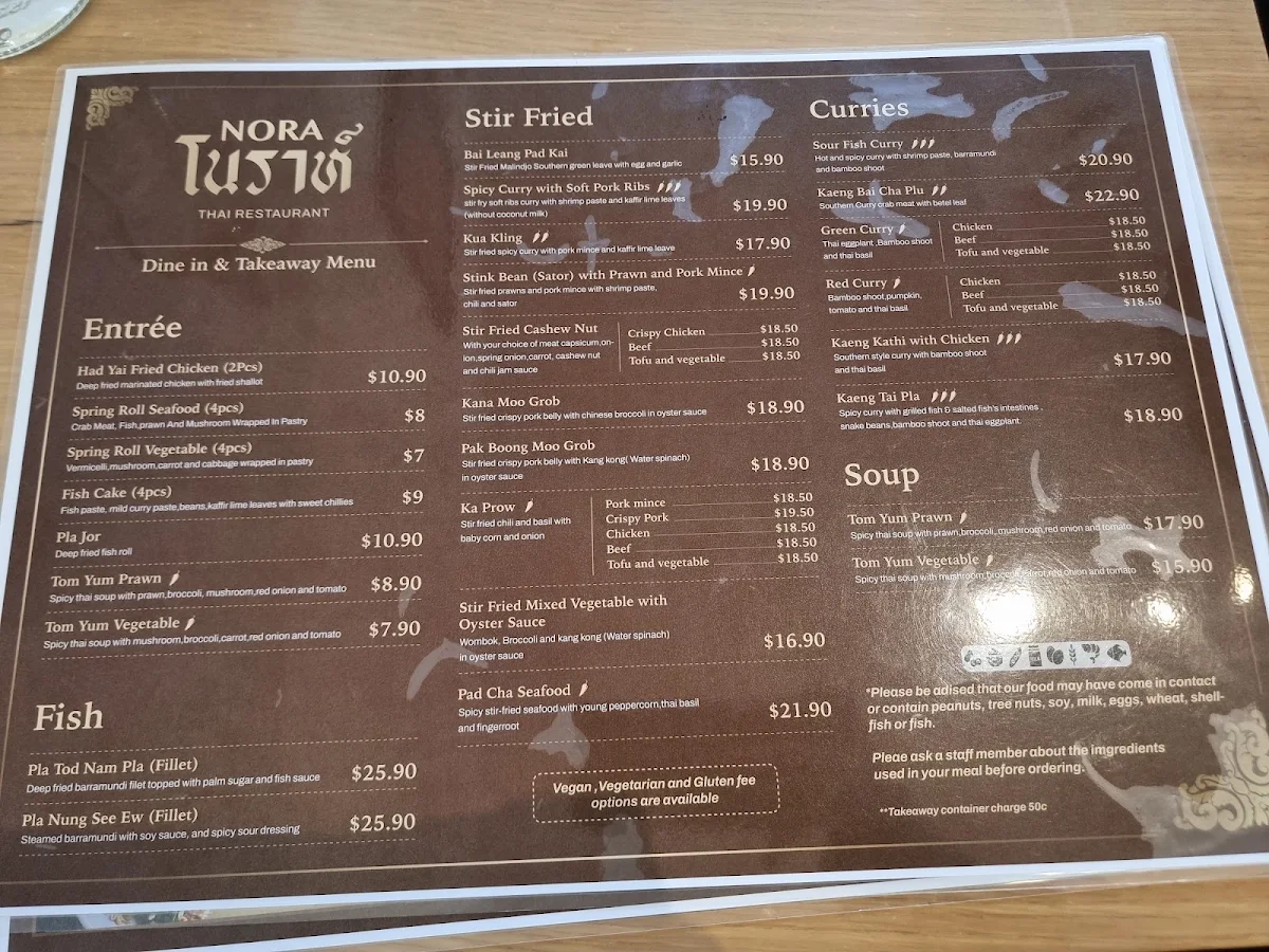 Menu, Nora Thai Restaurant South Yarra