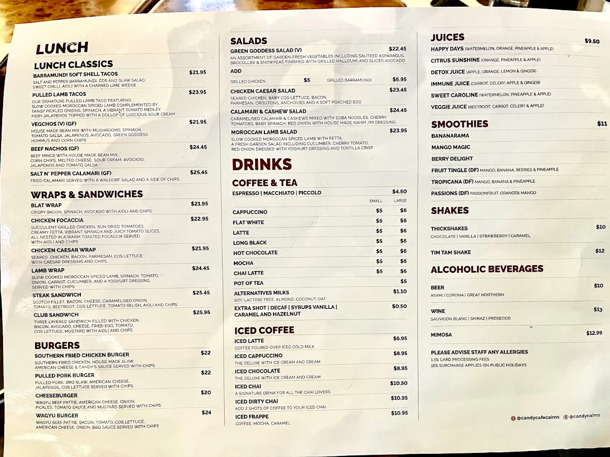 Menu, Candy Cafe Bar