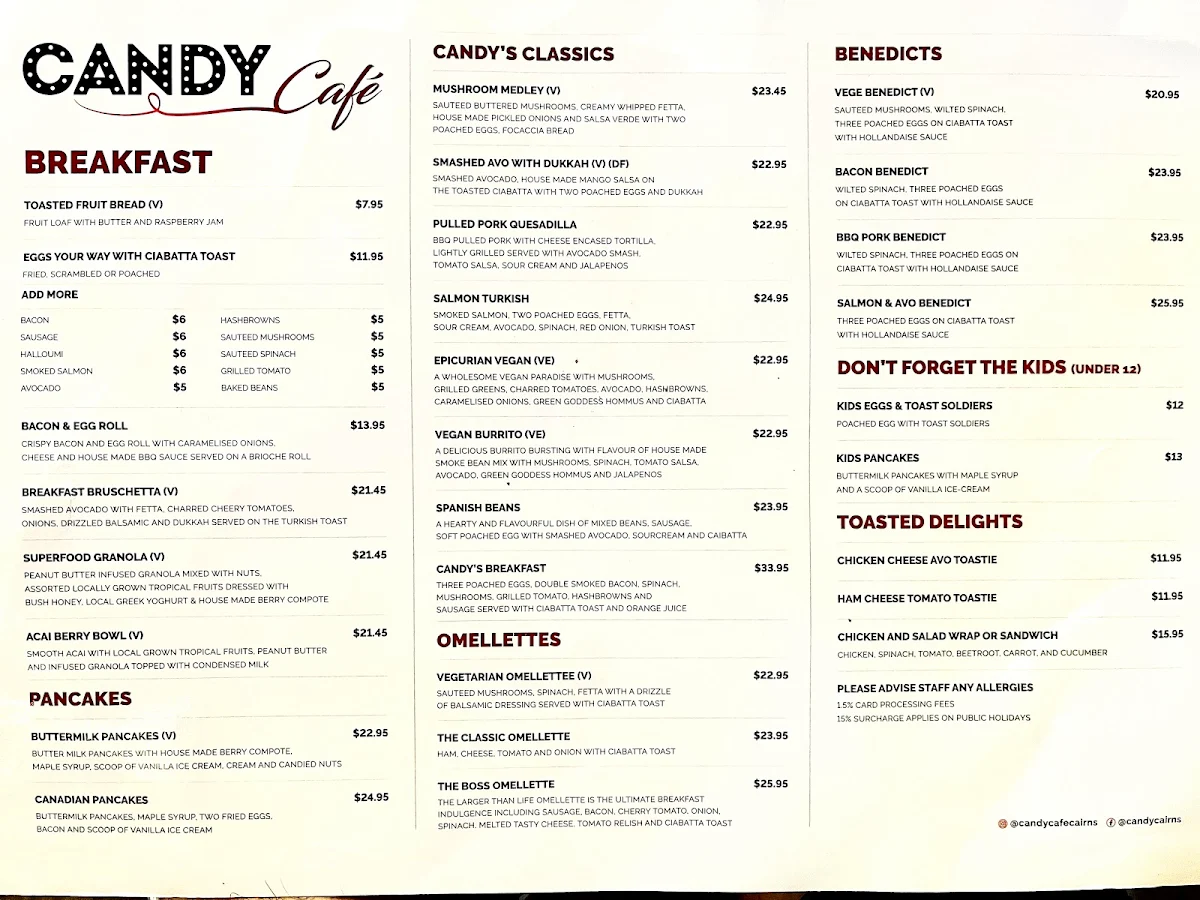 Menu, Candy Cafe Bar