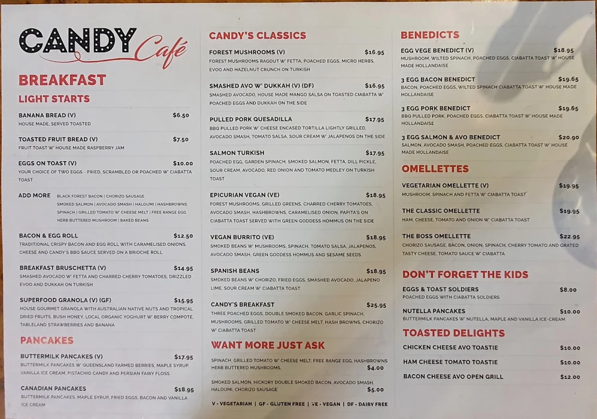 Menu, Candy Cafe Bar