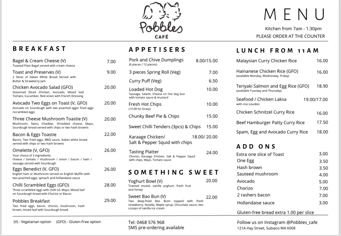 Menu, Pobbles Café