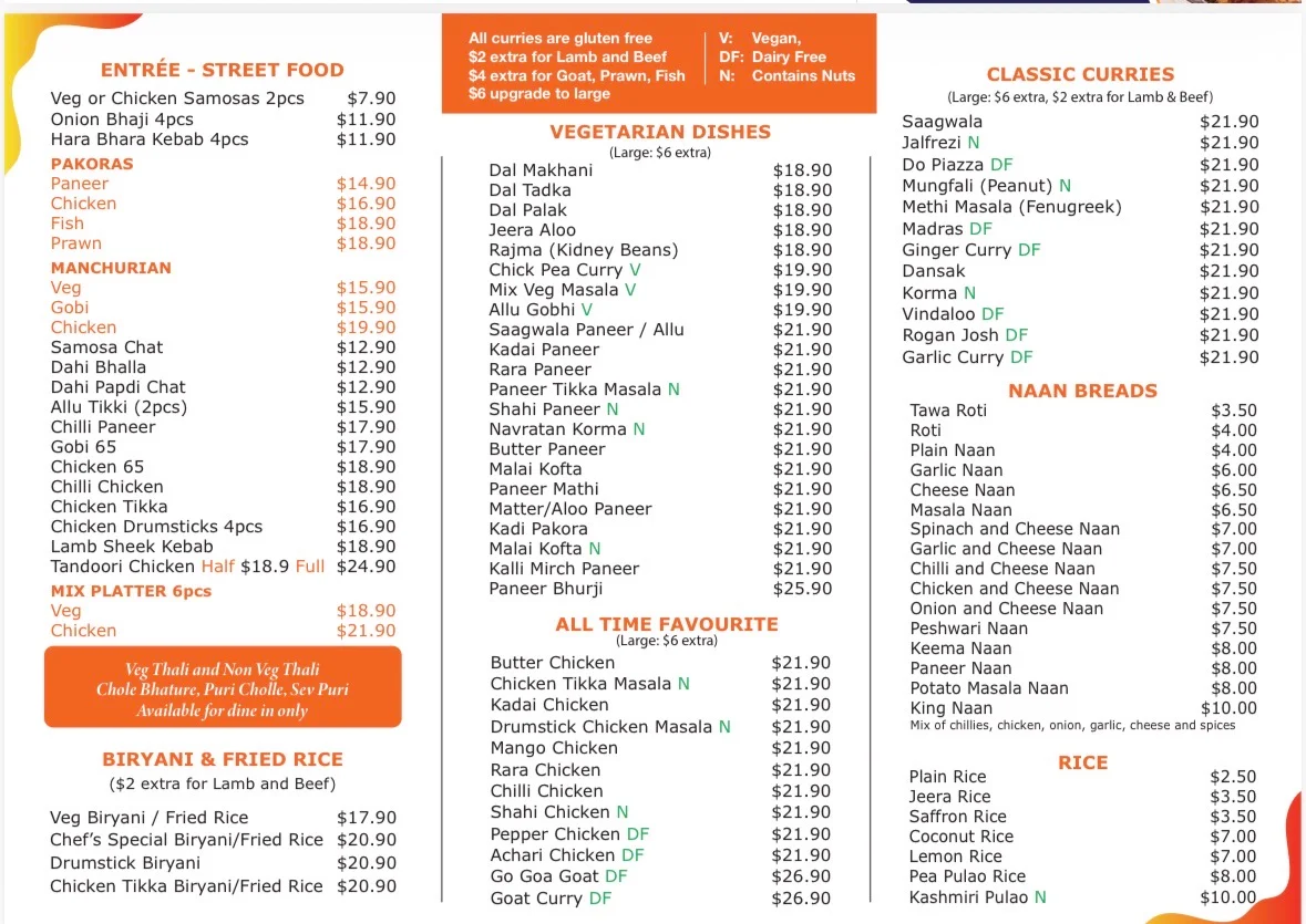 Menu, Kurry King Indian Restaurant Oxley