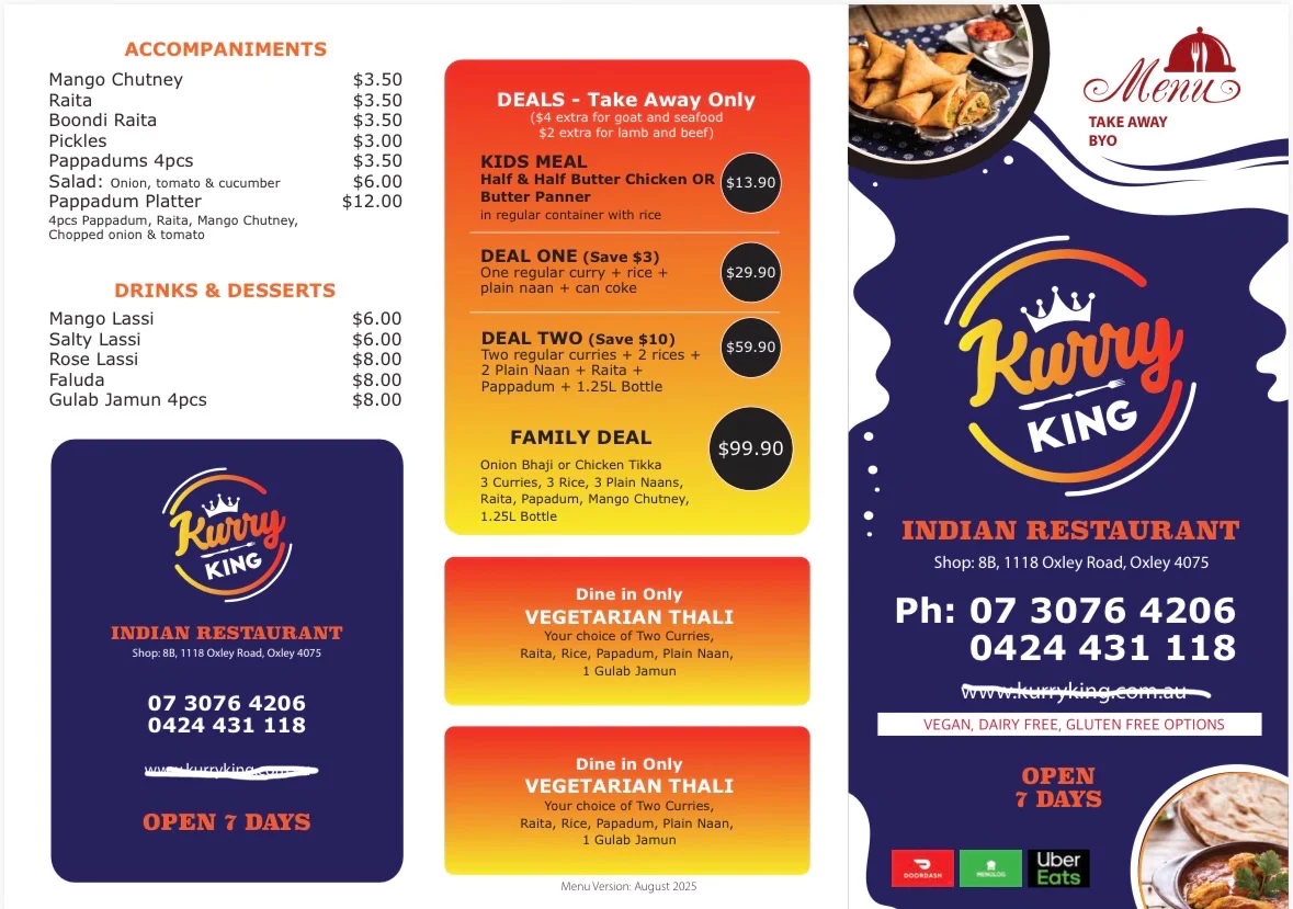 Menu, Kurry King Indian Restaurant Oxley