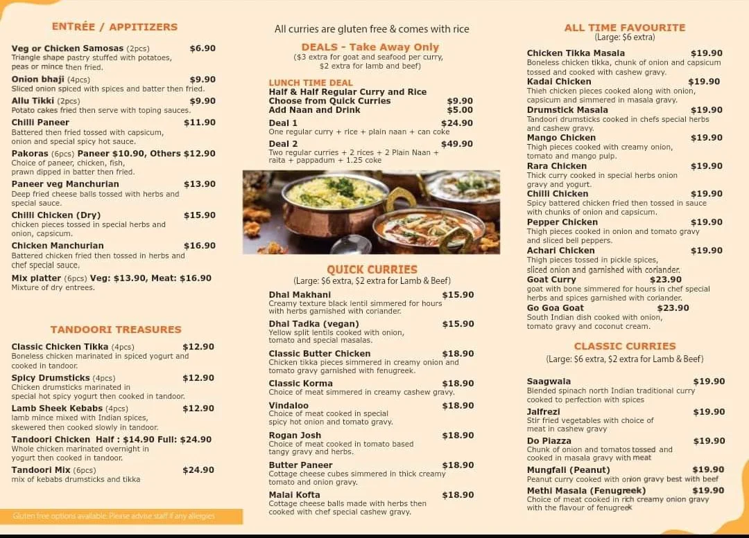 Menu, Kurry King Indian Restaurant Oxley