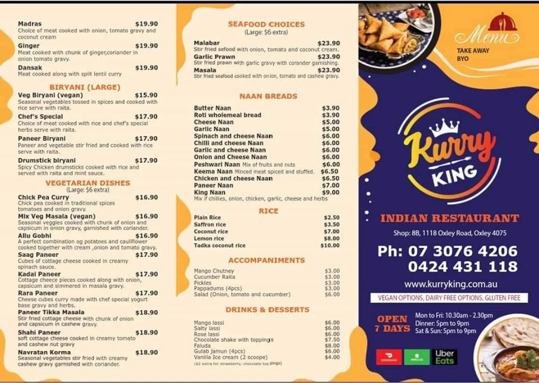 Menu, Kurry King Indian Restaurant Oxley